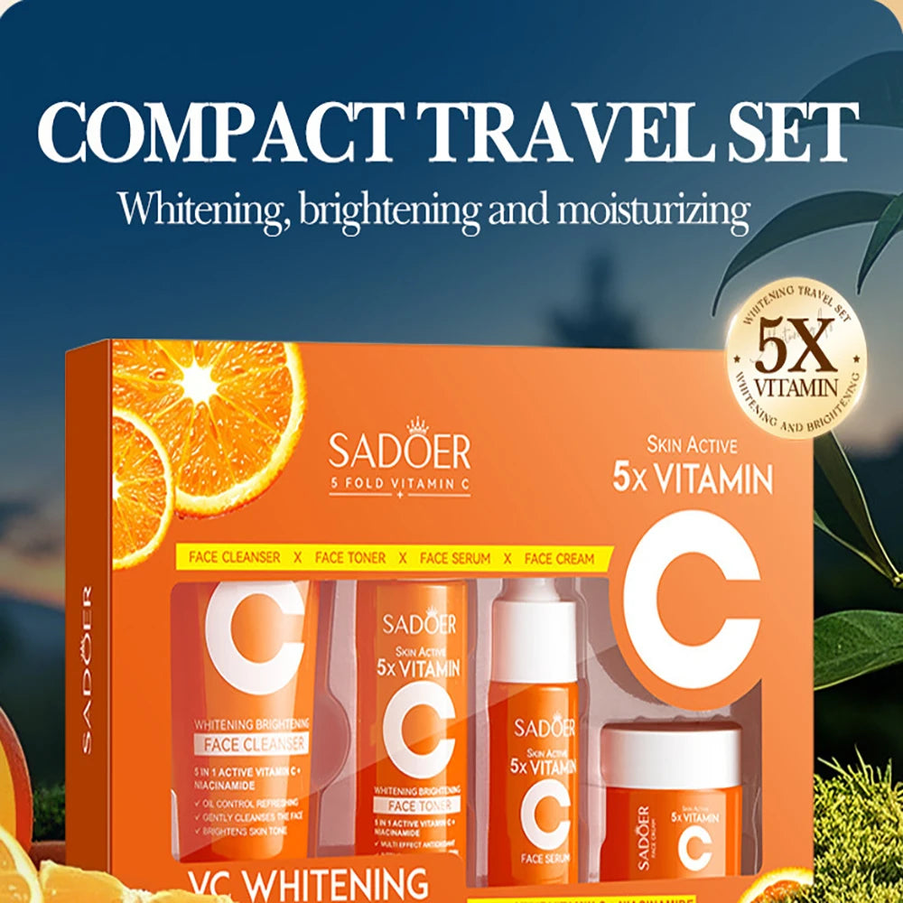 Vitamin C Moisturizing Travel Skincare Set - Cleanser, Toner, Serum, and Face Cream, portable skincare products.