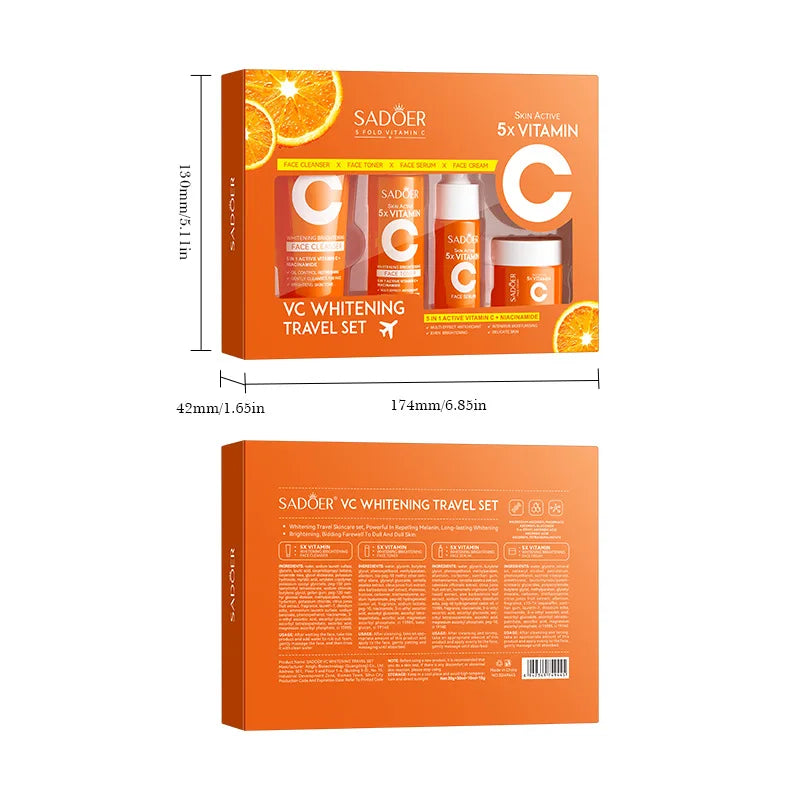 Vitamin C Moisturizing Travel Skincare Set - Cleanser, Toner, Serum, and Face Cream, portable skincare products.