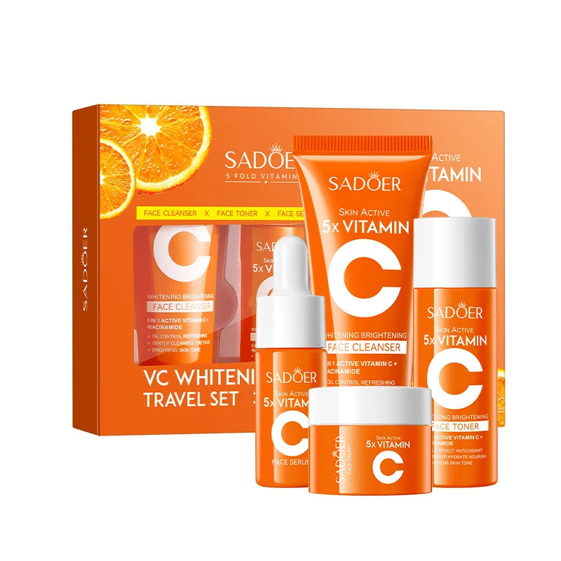 Vitamin C Moisturizing Travel Skincare Set - Cleanser, Toner, Serum, and Face Cream, portable skincare products.