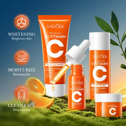 Vitamin C Moisturizing Travel Skincare Set - Cleanser, Toner, Serum, and Face Cream, portable skincare products.